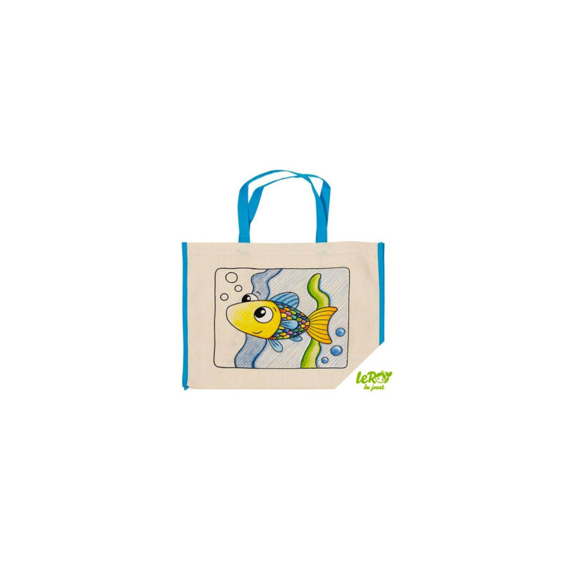 Sac en coton Poisson à colorier imprimé avec 8 crayons pour textile